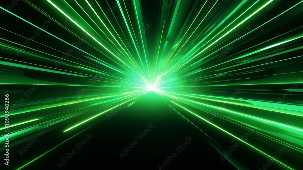 Poster visual experience of dynamic green light beams radiating into the void. generative ai