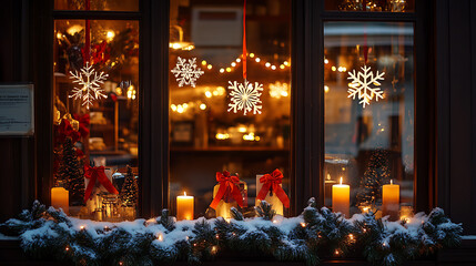 Obraz premium Decorated Christmas window with snowflakes, candles and gifts