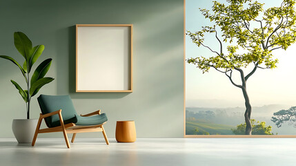 Serene living space with green accents mountain view interior design showcase minimalist environment natural light focus tranquility concept for home decor inspiration