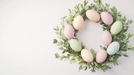 This elegant Easter egg wreath showcases beautifully arranged pastel eggs and striking green leaves, making a stunning statement for festive spring decor.