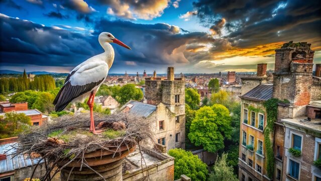 Urban Exploration Photography of the Cicogna Bianco Amidst a Forgotten Cityscape, Capturing the Harmony of Nature and Urbanization in a Unique Perspective of Architectural Beauty