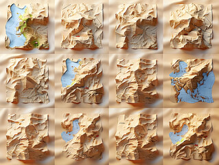 A collection of textured, stylized topographic maps, showing various landforms.