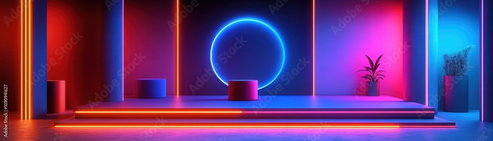 Poster vibrant neon lights illuminate a modern space, creating a dynamic and artistic atmosphere perfect fo