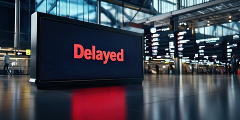 Arrivals are delayed.A digital display shows the word "Delayed" in bold red at an airport terminal, indicating a flight delay in a modern travel environment.