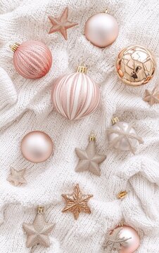 A white and beige cashmere sweater with pink Christmas balls