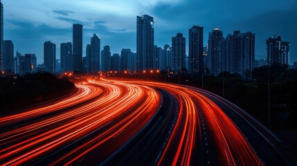 Obraz premium A nighttime cityscape featuring illuminated traffic trails and towering skyscrapers against a twilight sky.