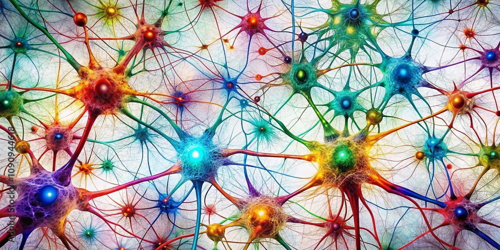 Poster vibrant colorful neural connections on a white background representing the complex interactions with