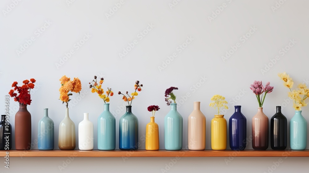 Poster vibrant spring blooms adorned in colorful vases on a modern shelf display. generative ai