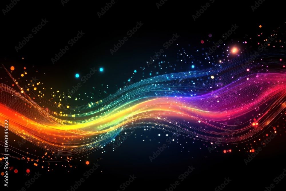 Poster a vibrant abstract design featuring colorful waves and sparkles against a dark background.