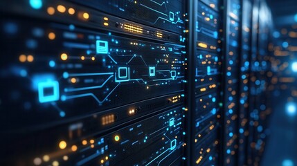 Obraz premium A detailed view of a modern data center showcasing advanced servers with illuminated circuits and technology.