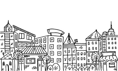 Obraz premium Hand-drawn sketch cartoon of a city scene with houses and buildings.