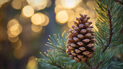 Fototapeta premium Pine Cone Nestled Among Evergreen Branches With Soft Golden Bokeh Background During Winter Season