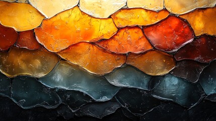 Fototapeta premium Colorful abstract pattern with layered textures resembling molten glass in warm and cool tones. Generative AI