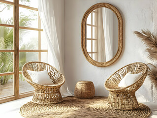 Fototapeta premium 3D Illustration_Bohemian Interior with Wicker Chairs, Rug, and Mirror