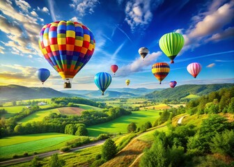 Obraz premium Vibrant Hot Air Balloons Soaring Against a Clear Blue Sky in a Candid Scene of Joyful Adventure and Serenity, Perfect for Travel and Nature Enthusiasts