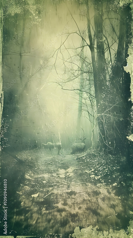 Poster a misty forest path illuminated by soft light, creating an ethereal atmosphere.