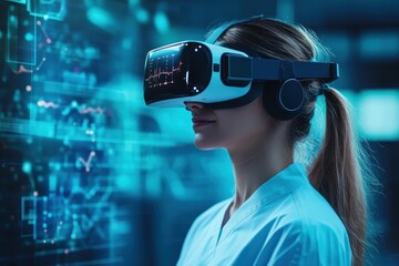Woman engaging with virtual reality technology in a modern, high-tech environment at night
