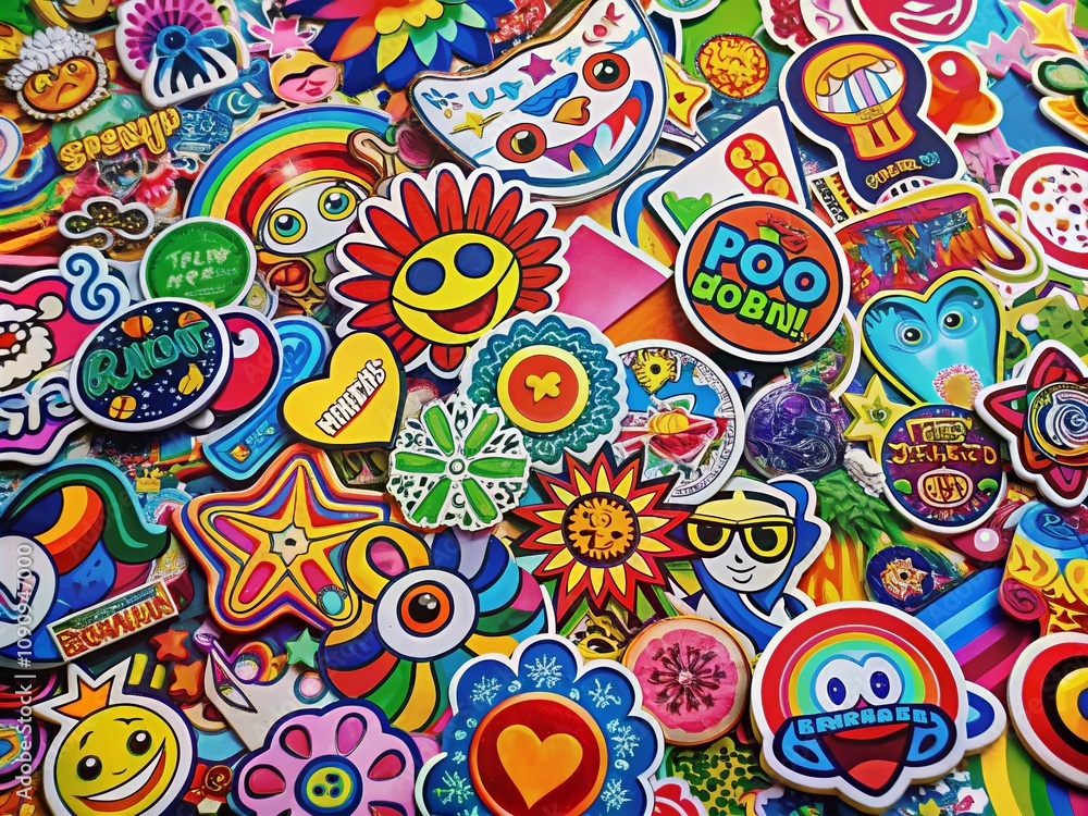 Poster vibrant long exposure patterns featuring pop art stickers in a dynamic composition with bold colors 