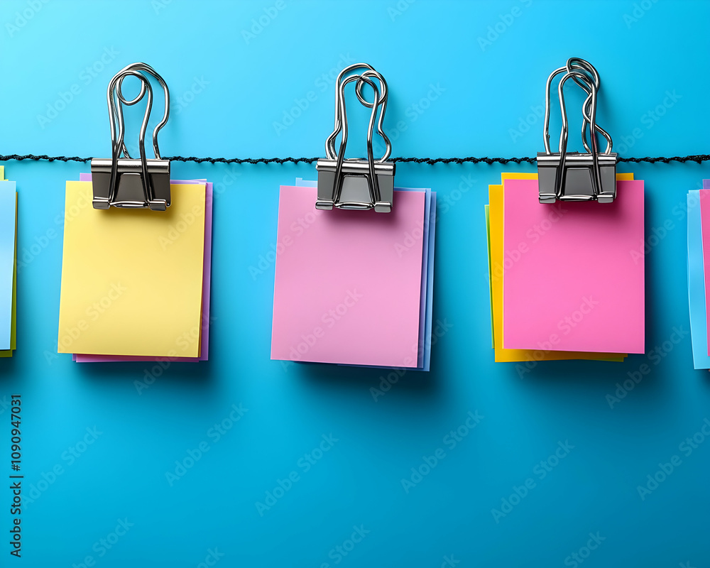 Poster colorful sticky notes hang on a string with binder clips against a blue background.