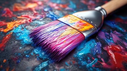 Fototapeta premium Vibrant paint brush rests on a colorful canvas of mixed paint hues in an art studio filled with creative energy. Generative AI