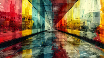 Colorful urban tunnel, vibrant reflections on wet floor.