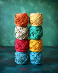 Colorful yarn balls stacked in pairs against a teal background.