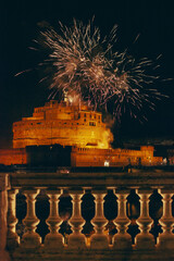 Fireworks over Castel Sant'Angelo in Rome, Italy during Girandola spectacle that takes place on 29...