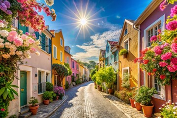 Fototapeta premium Vibrant Pastel Houses Lining a Sunny Street with Blooming Flowers, Perfect Day for Exploring the Cheerful Scene, Ideal for Capturing Joyful Neighborhood Vibes in Spring