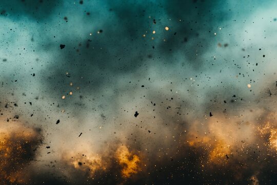 Abstract background with fire particles and sparks, smoke, debris and noise after natural disaster, catastrophe or bomb explosion. War, military operation concept. Backdrop for design war game