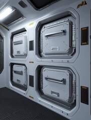 Obraz premium A futuristic interior featuring four metallic storage compartments mounted on a wall, illuminated by overhead lights, creating a sleek, industrial aesthetic.