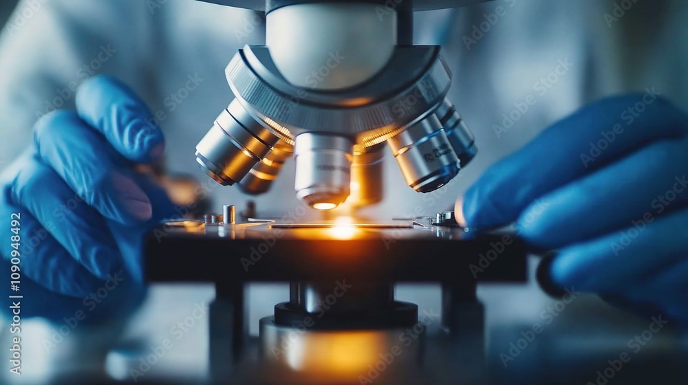 Poster scientists using microscope with precision in laboratory setting, focused on research and analysis o