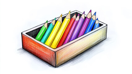 Fototapeta premium Colorful Colored Pencils Arranged Neatly in a Rustic Wooden Box on a Light Surface