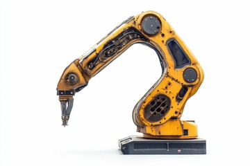 Large yellow industrial robotic arm isolated.
