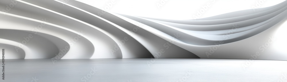 Poster a modern architectural design showcasing flowing lines and curves in a minimalistic white space, cre