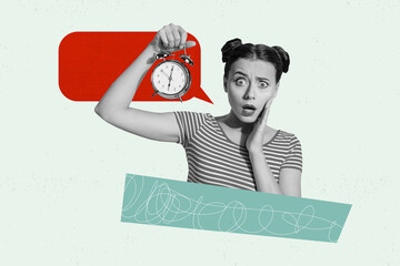 Composite photo collage of astonished girl hold alarm clock bubble early morning deadline speech...