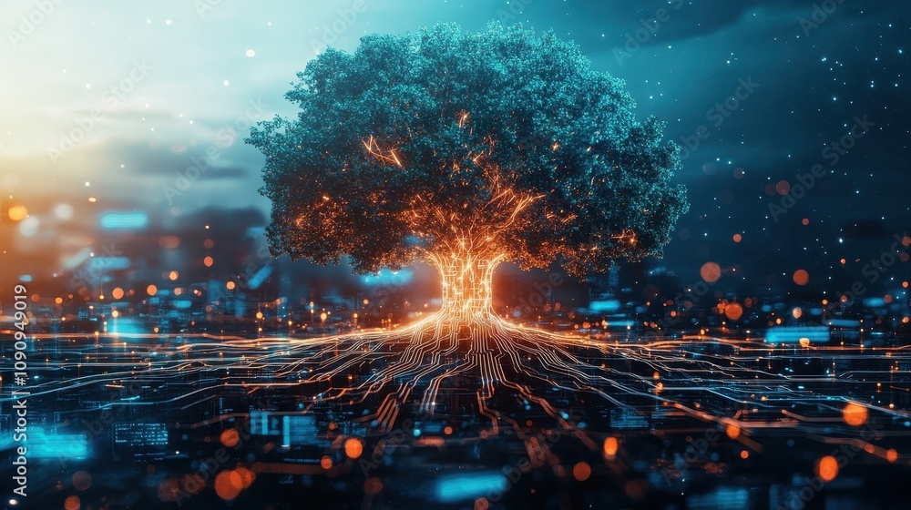 Poster a digital tree with glowing roots, symbolizing the connection between nature and technology.