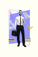 Fototapeta premium Trend artwork template design 3D collage of businessman young guy uniform stand hold drink cup book student education landline phone call