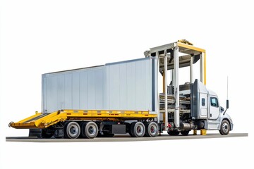 White semi-truck transports large container.