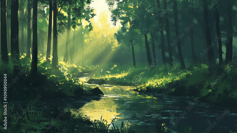 Poster sunlight filters through trees illuminating a serene stream in an early morning forest