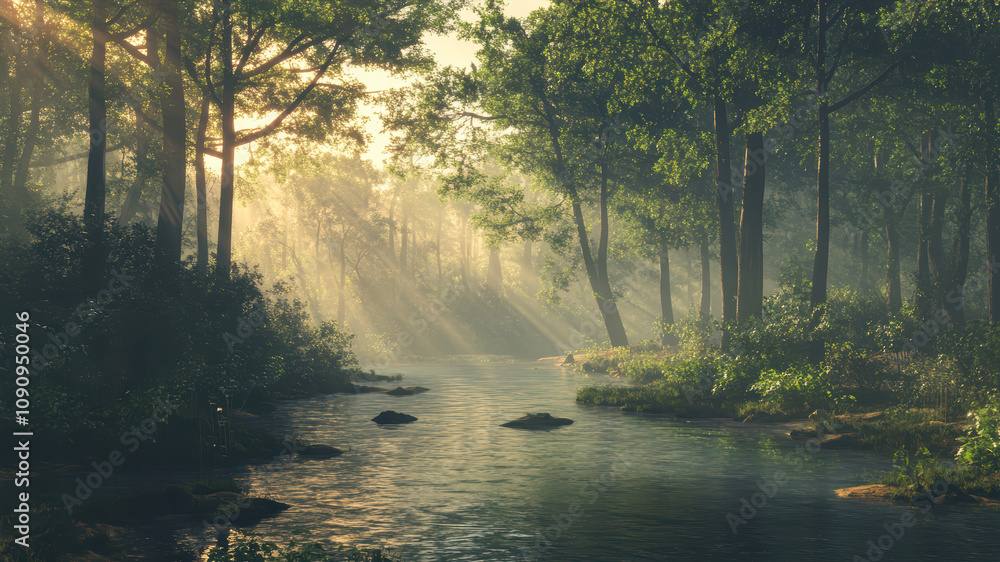 Poster sunlight filters through trees over a tranquil stream in an early morning forest