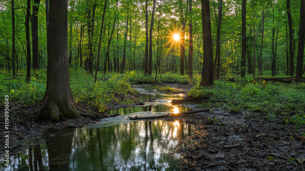 Poster sunlight filtering through trees over a serene stream in an early morning forest