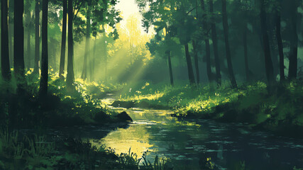 Obraz premium Sunlight Filters Through Trees Illuminating a Serene Stream in an Early Morning Forest