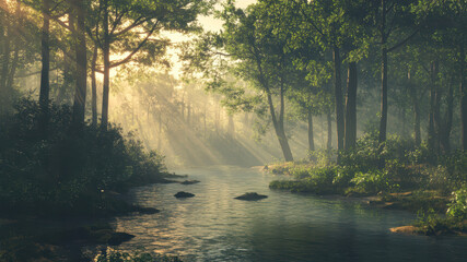 Fototapeta premium Sunlight Filters Through Trees Over a Tranquil Stream in an Early Morning Forest