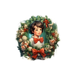 Christmas wreath illustration with an illustration of a cute young boy with big red bow on his shirt, transparent file without background, PNG
