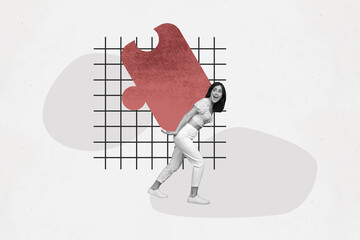 Composite photo collage of happy businesswoman carry heavy jigsaw puzzle element success work...