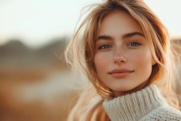 Fototapeta premium Natural portrait of a young woman with soft features against a golden sunset backdrop