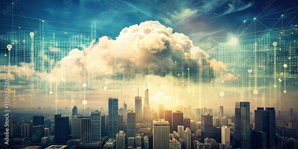 Poster vintage style digital skyline photography featuring cloud elements illustrating data flow in a cloud