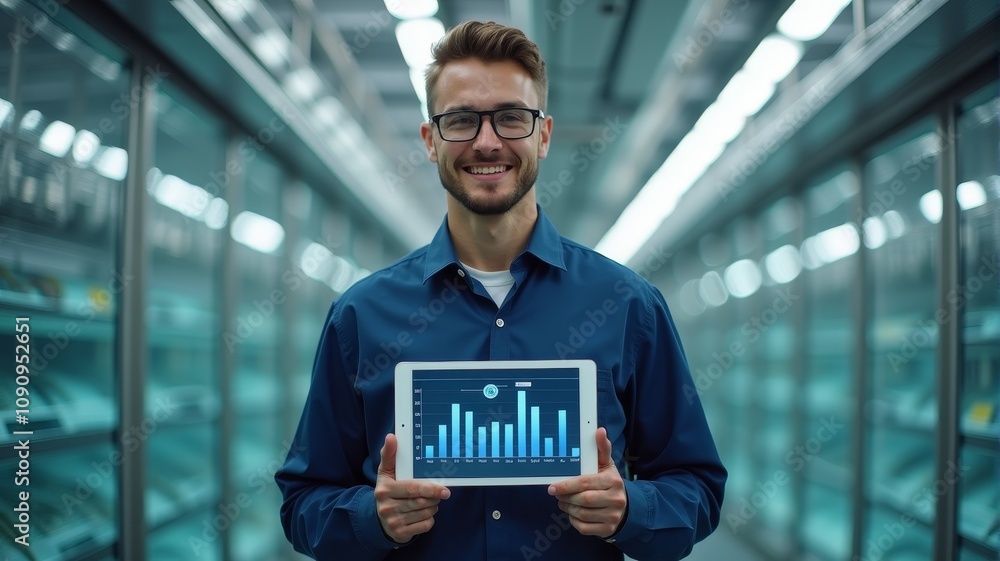 Poster smiling businessman holding tablet displaying data charts in modern warehouse environment, emphasizi
