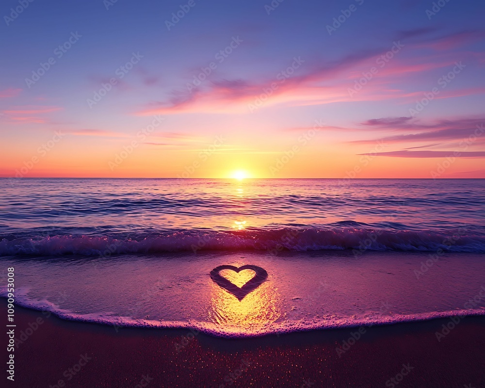 Wall mural a beautiful sunset over the ocean, with a heart shape in the sand, creating a romantic and serene at