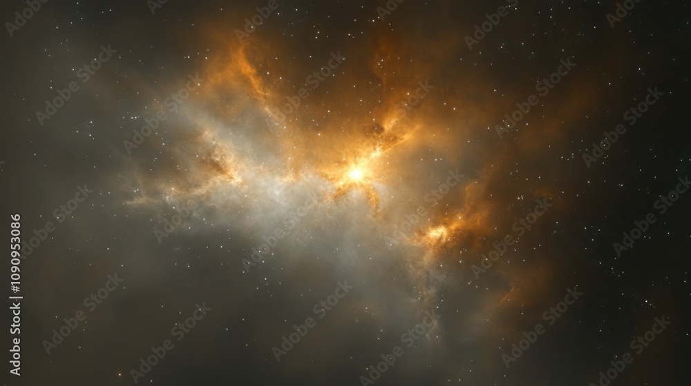 Poster a space scene with a large orange cloud in the middle